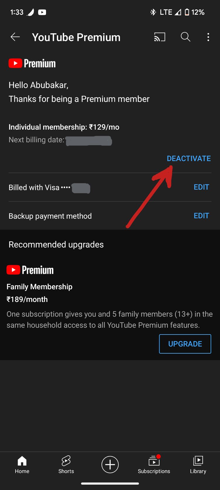 Screenshot showing YouTube Premium membership deactivation settings