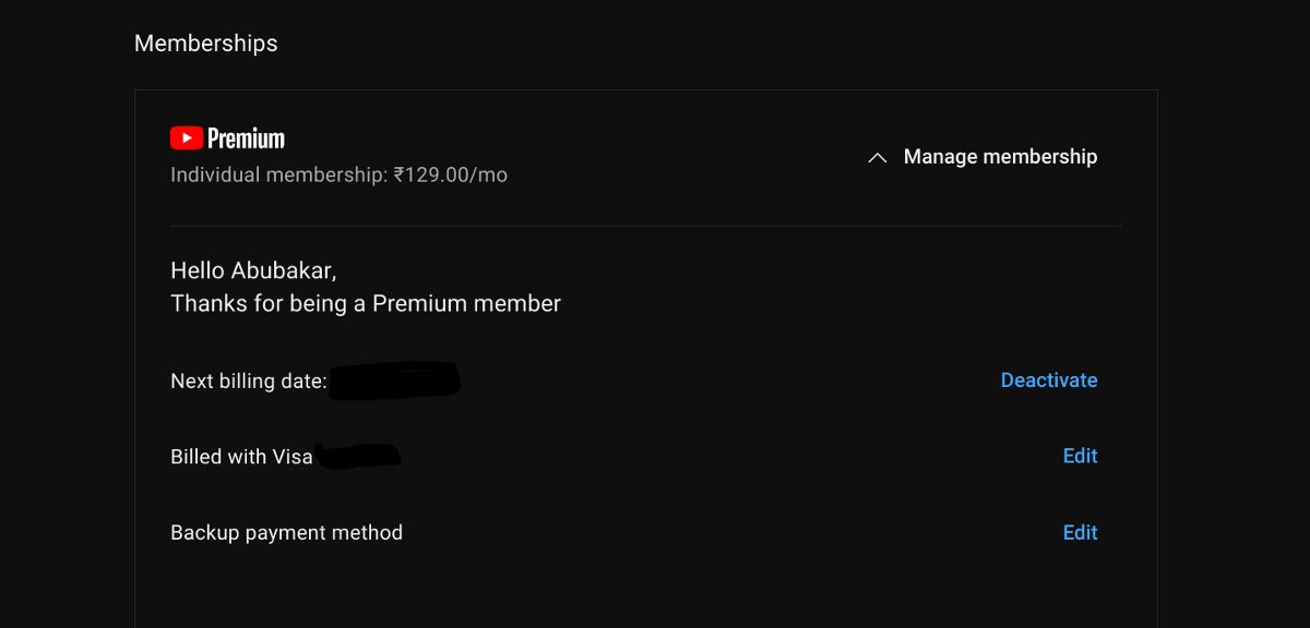 YouTube membership screen showing YouTube Premium  billing details on desktop