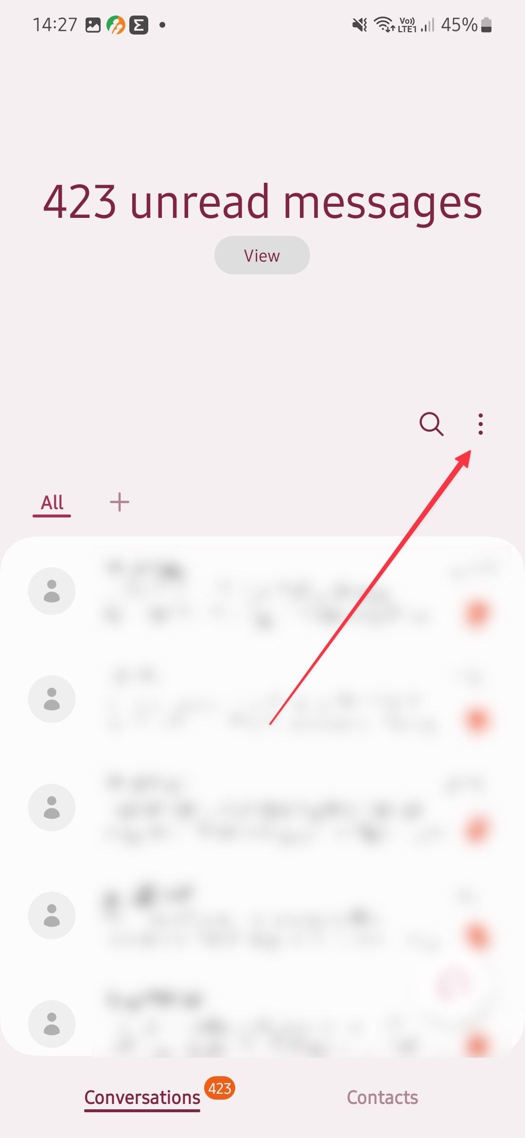 tangkapan layar menunjukkan menu tiga titik di pesan Samsung