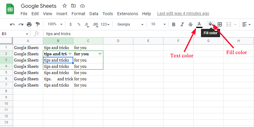 Fill cell and text colors on Google Sheets web app
