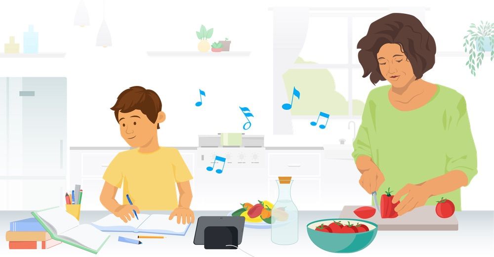 A cartoon of a child doing homework while their mother is making food next to them while a Nest Display is playing music between them