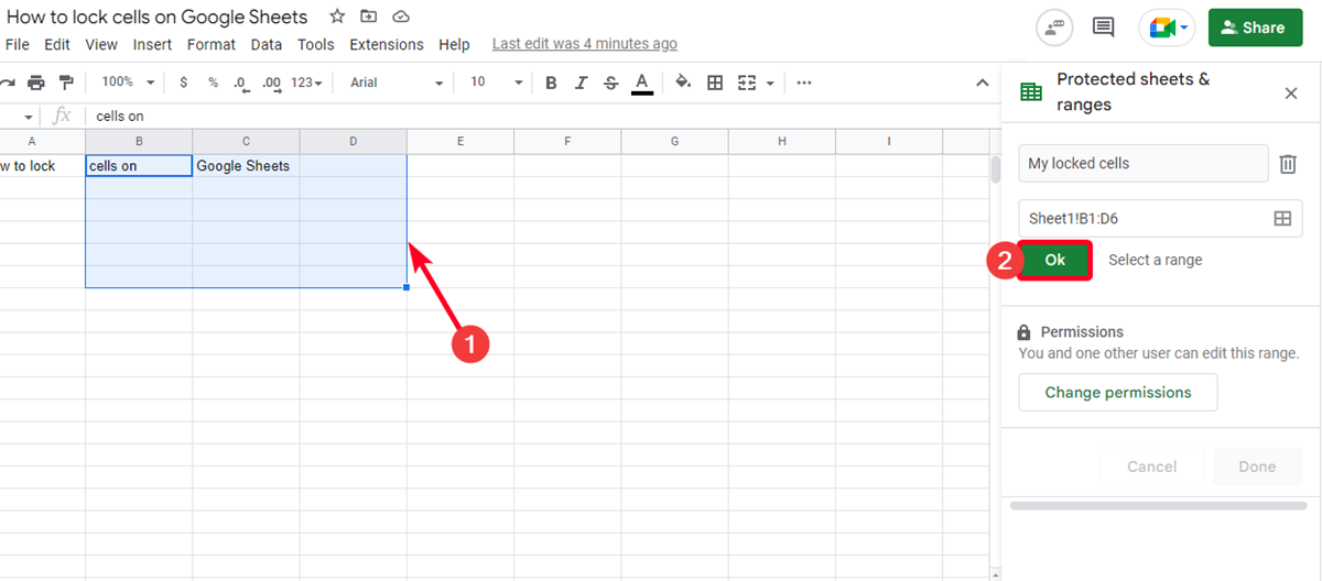 Menyoroti rentang baru di Google Sheets