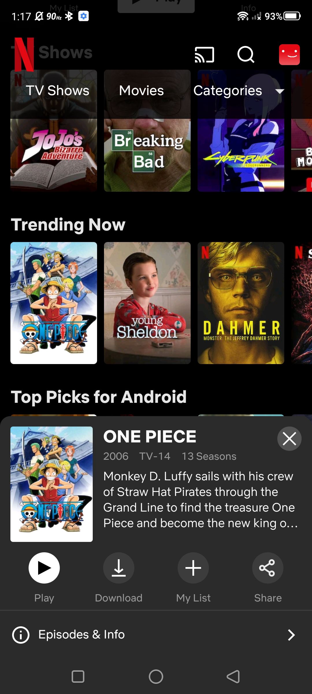 Cuplikan layar opsi pemutaran di aplikasi Netflix untuk Android