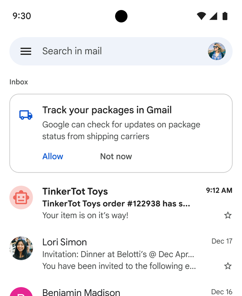 A Gmail inbox showing the permissions to track packages in Gmail