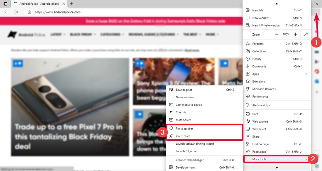 Options for pinning websites to taskbar and Start menu on Microsoft Edge