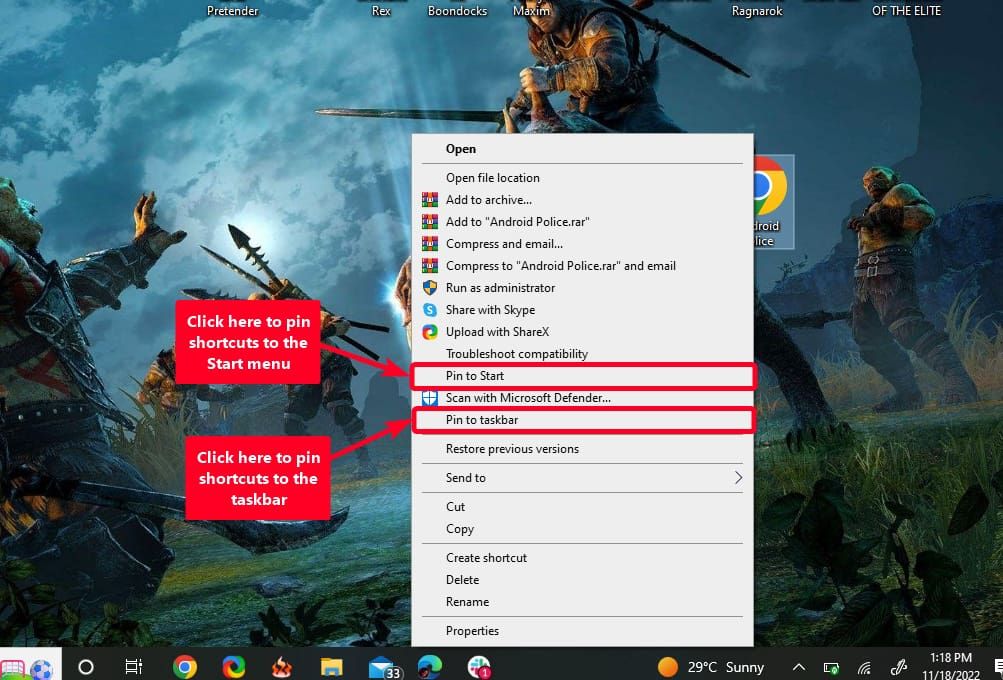 Pinning shortcuts to taskbar and Start menu from Windows 10 Home screen