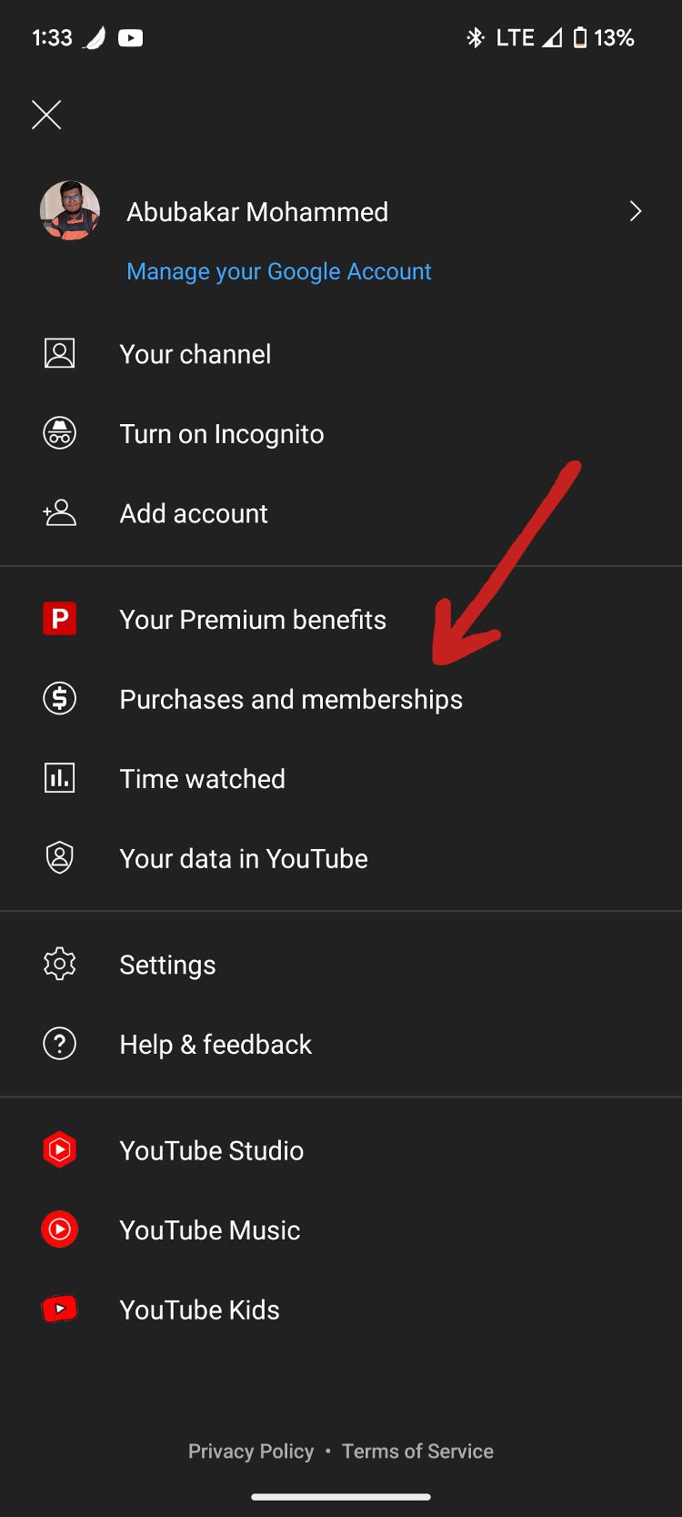 Screenshot showing YouTube app settings menu