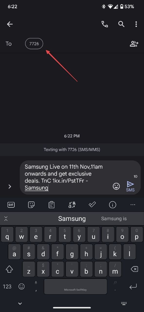 tangkapan layar yang menunjukkan penerusan pesan teks ke nomor SPAM yang ditentukan oleh operator