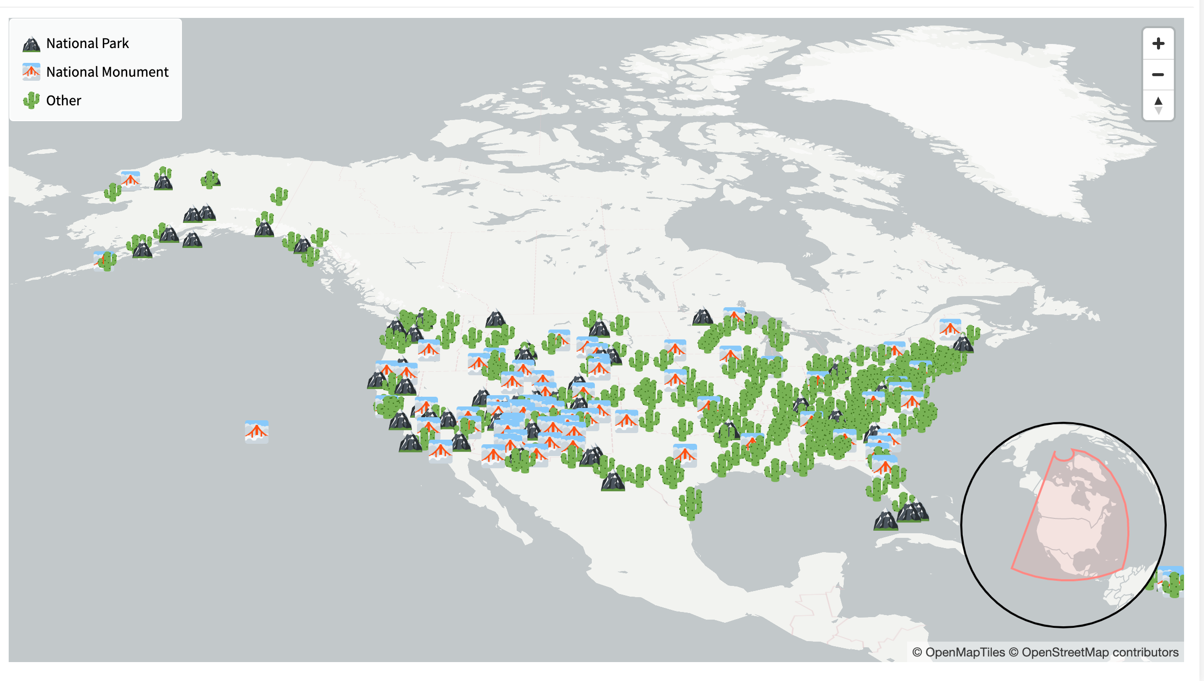 A data visualization of the number of national parks and monument in the US and Canada