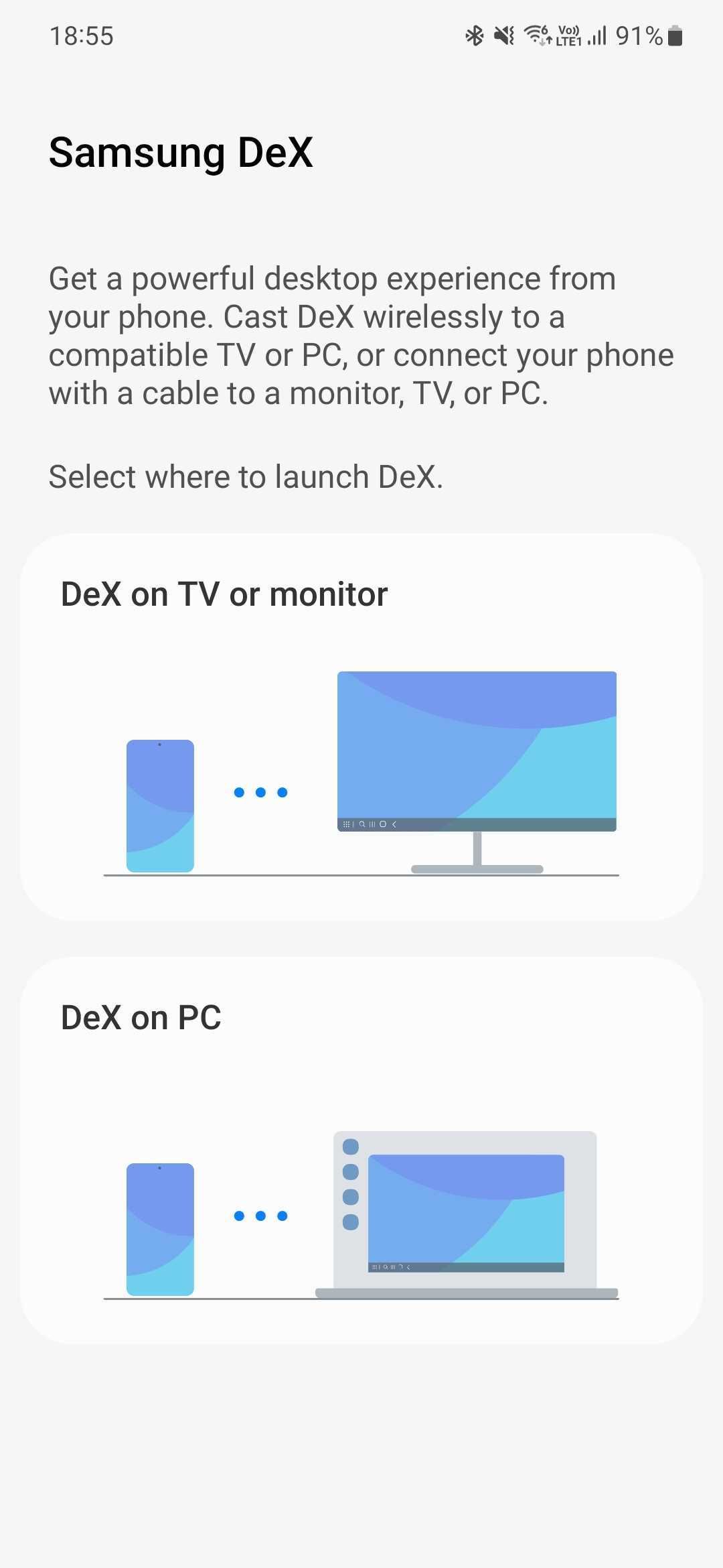 Begin Samsung DeX wireless screen sharing from this page.