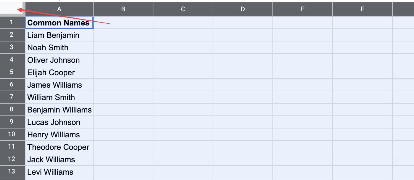 showing how to select all cells in Google Sheets