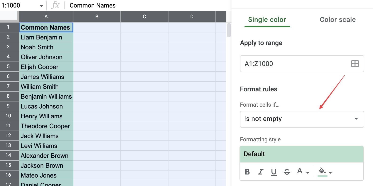 Conditional formatting feature in Google Sheets