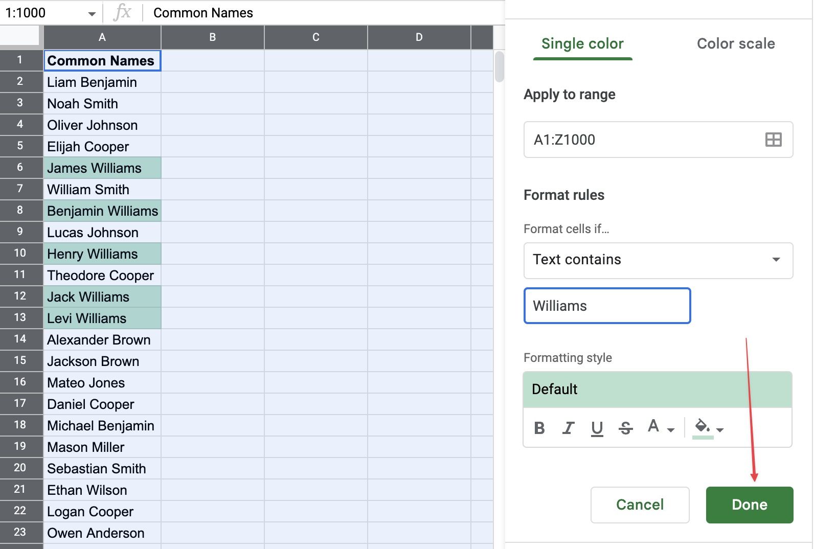 Adding search query in conditional formatting in Google sheets