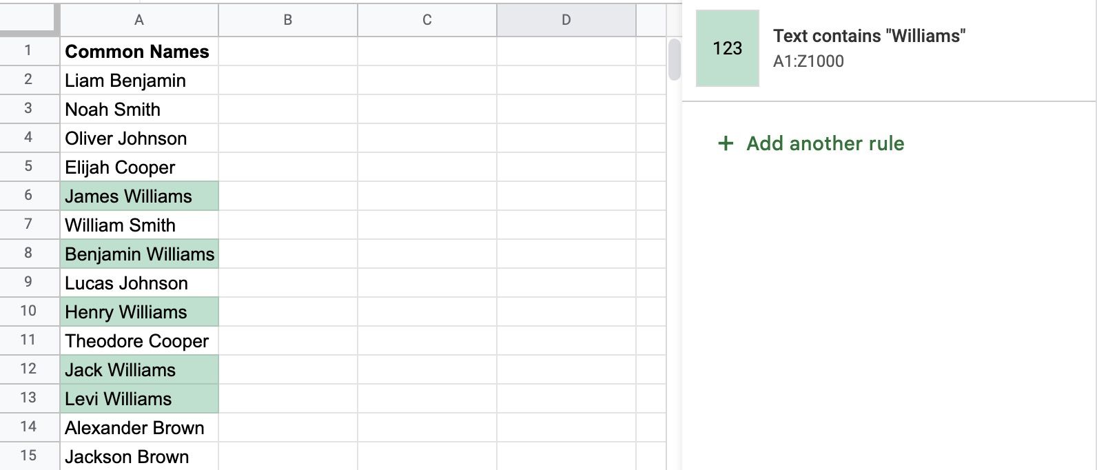 The result of conditional formatting in Google Sheets