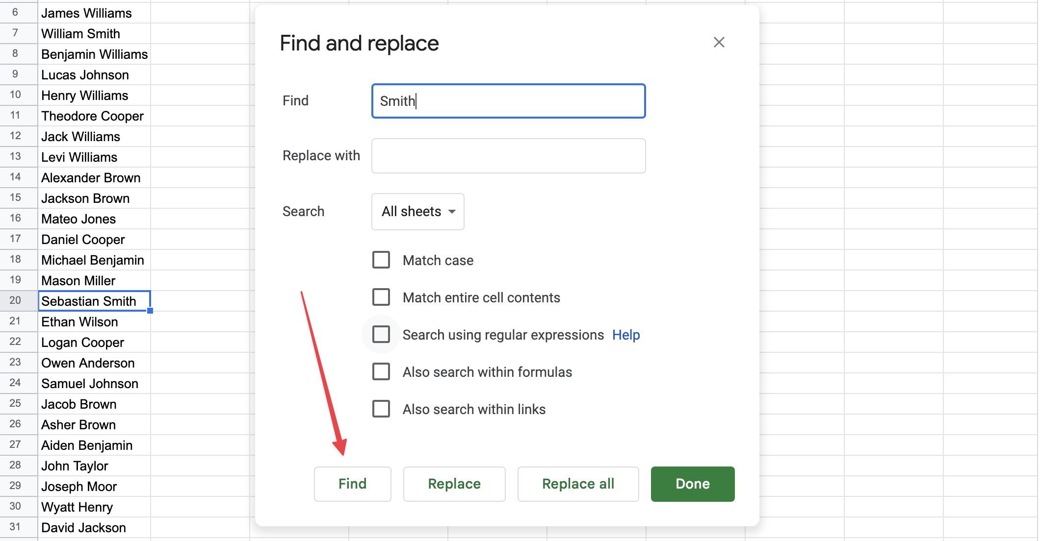 Using the Find and replace feature in Google Sheets