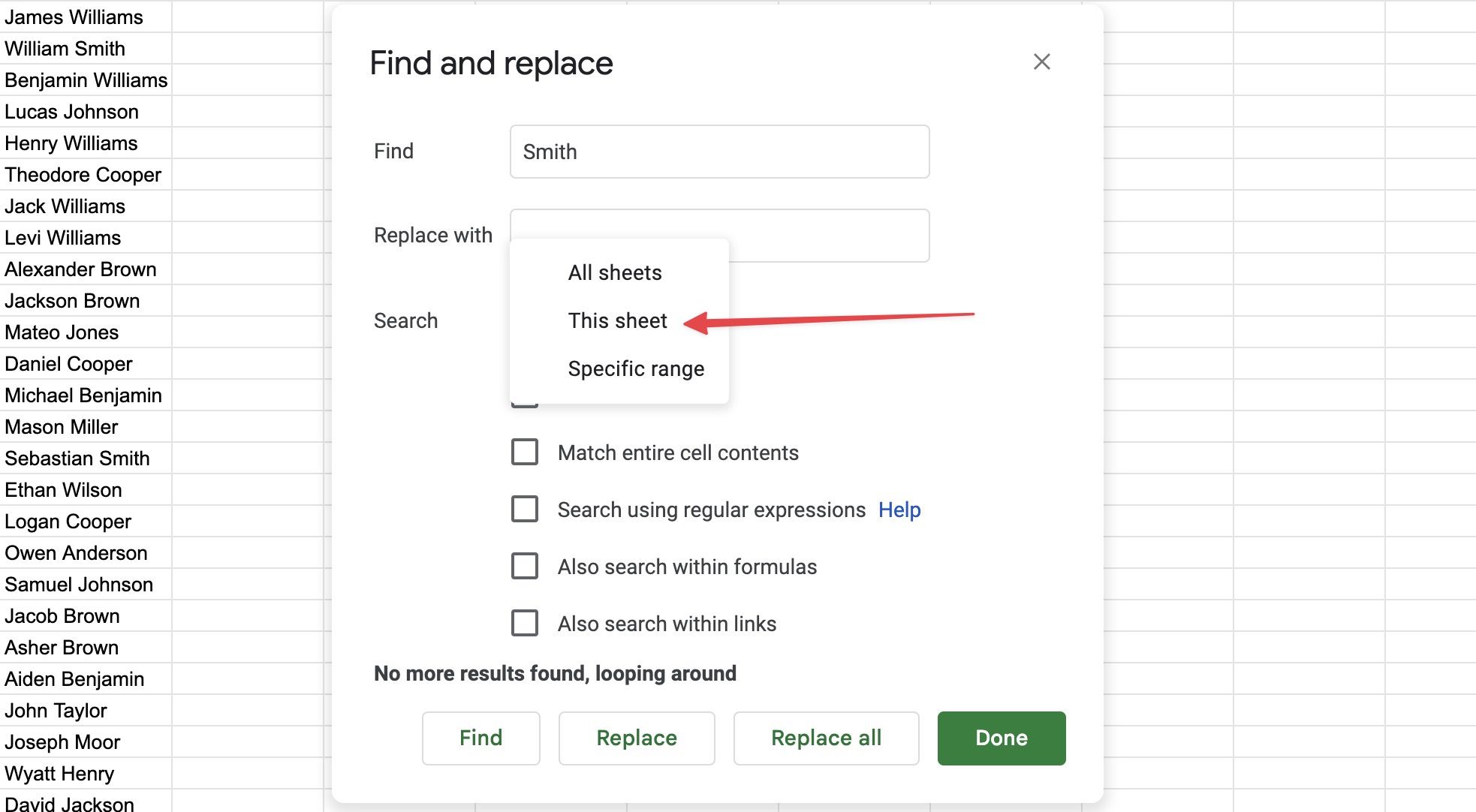 Restricting the search to current sheet in Find and Replace
