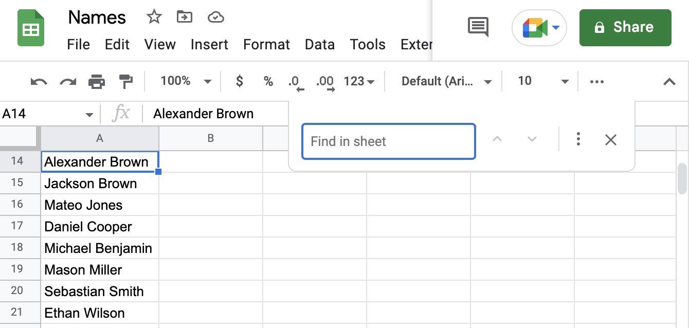 Using find feature in google sheets