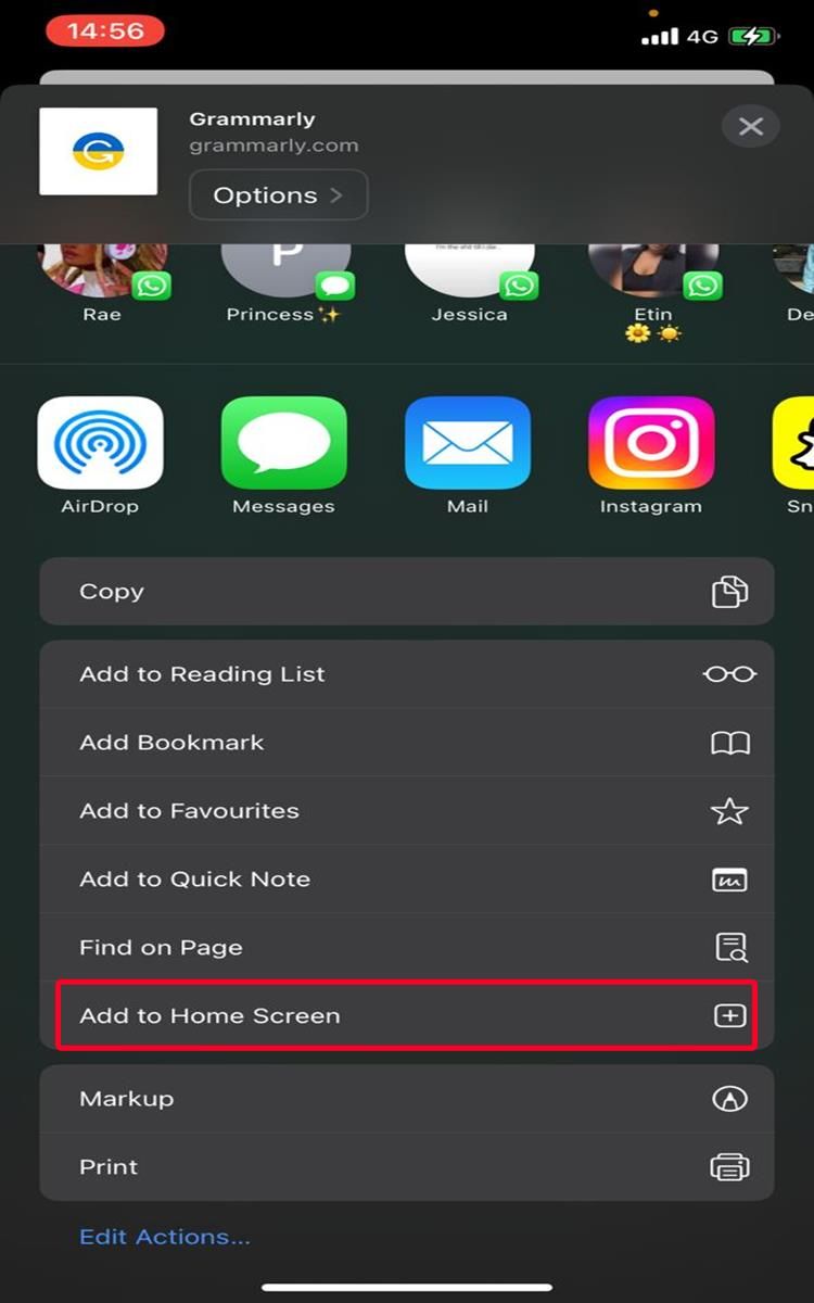 Share menu on Safari mobile app