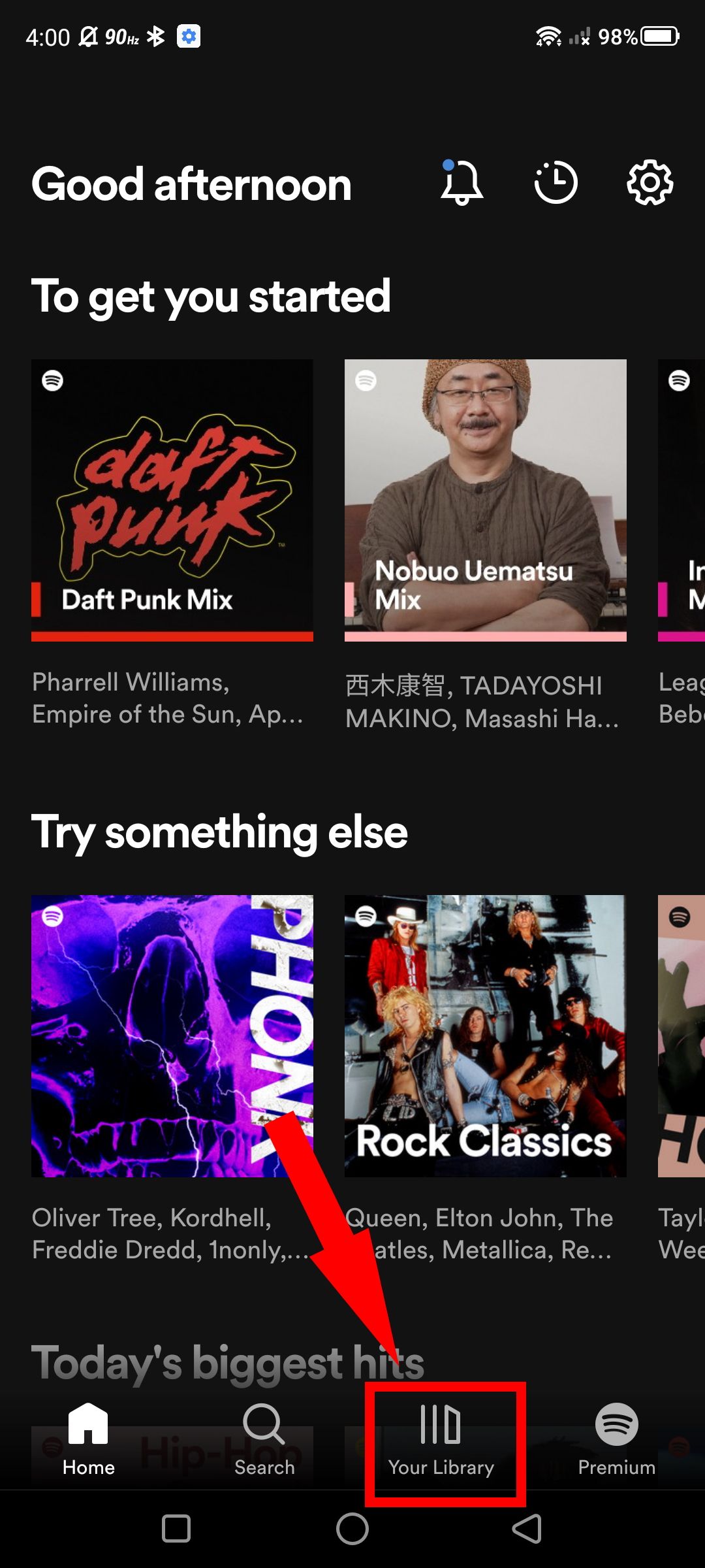 Screenshot of accessing your library on the Spotify app