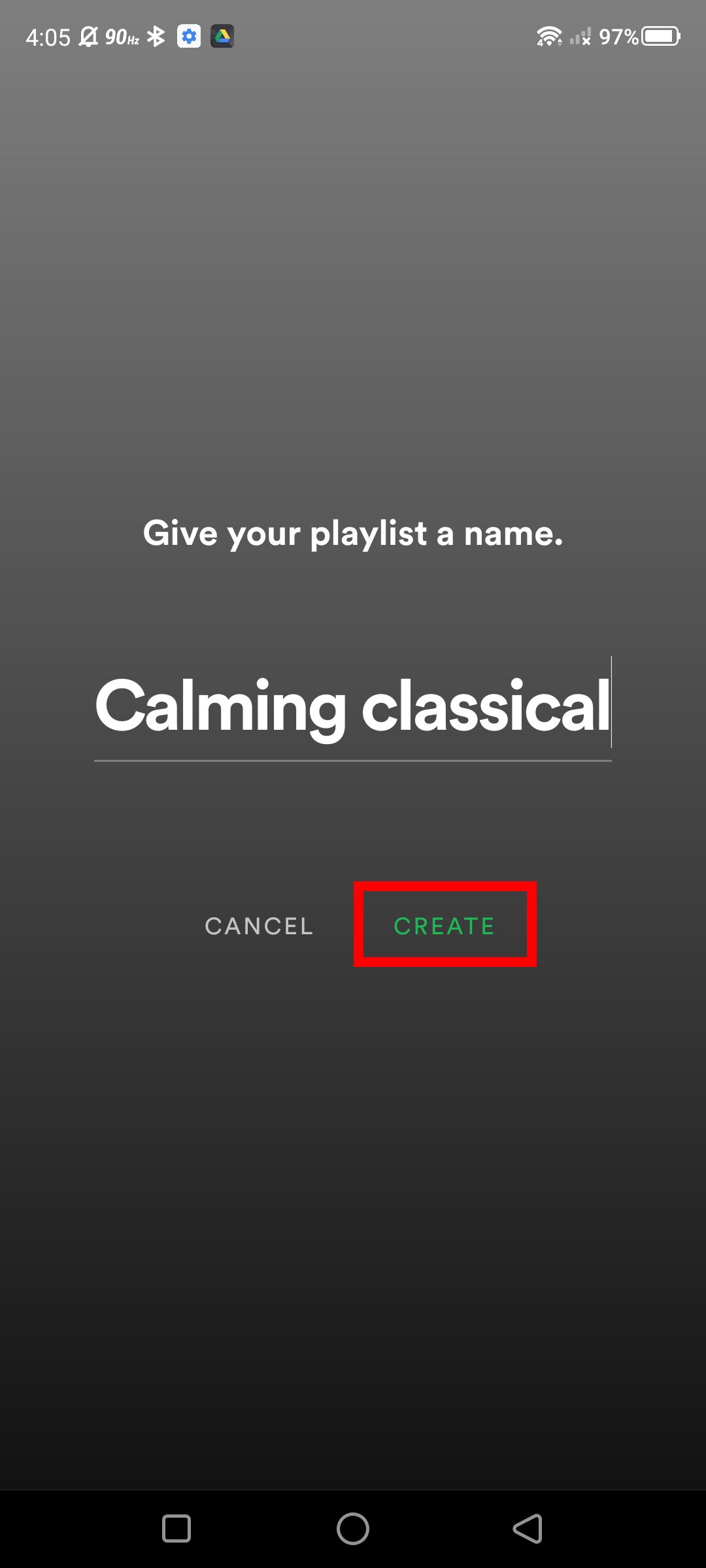 Screenshot of naming your new Spotify library while in the app