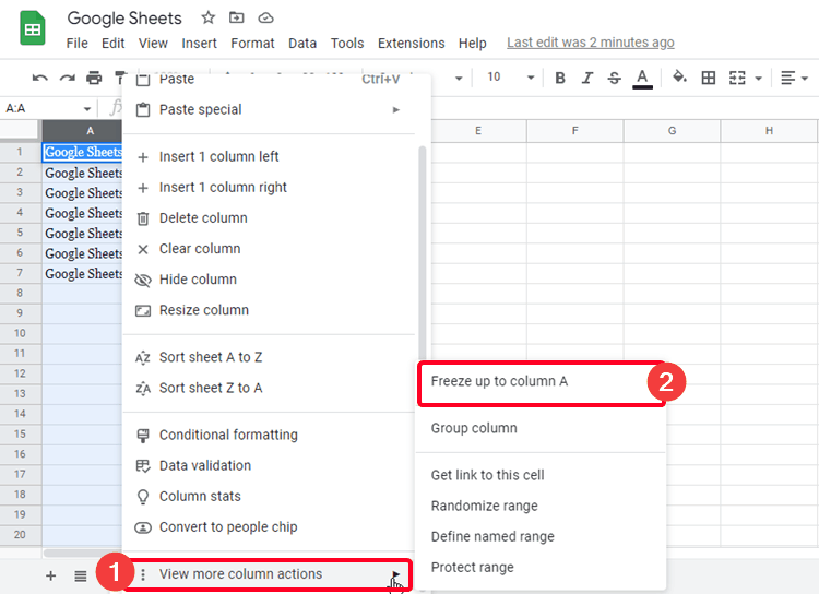 View more column actions on Google Sheets