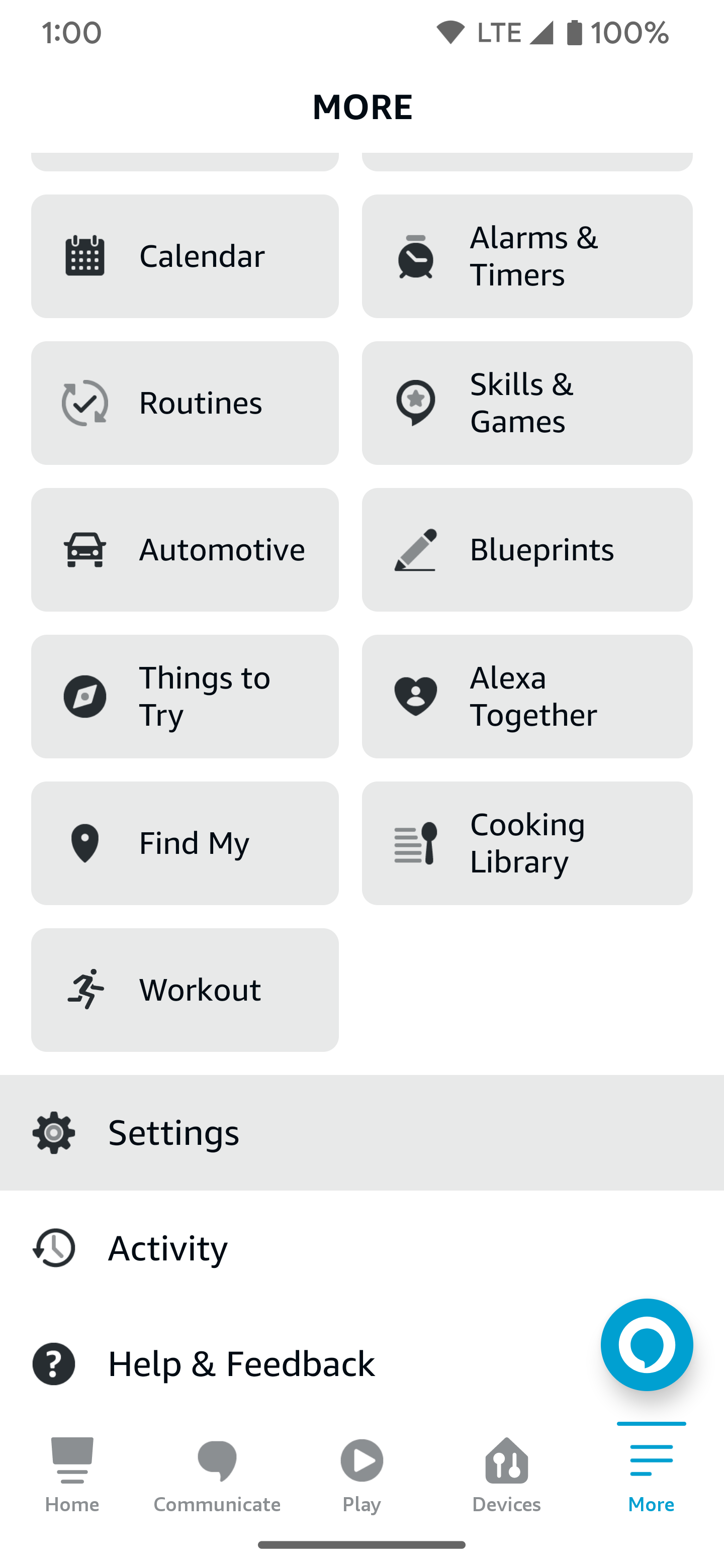 Tangkapan layar aplikasi Amazon Alexa untuk Android dengan opsi Pengaturan disorot