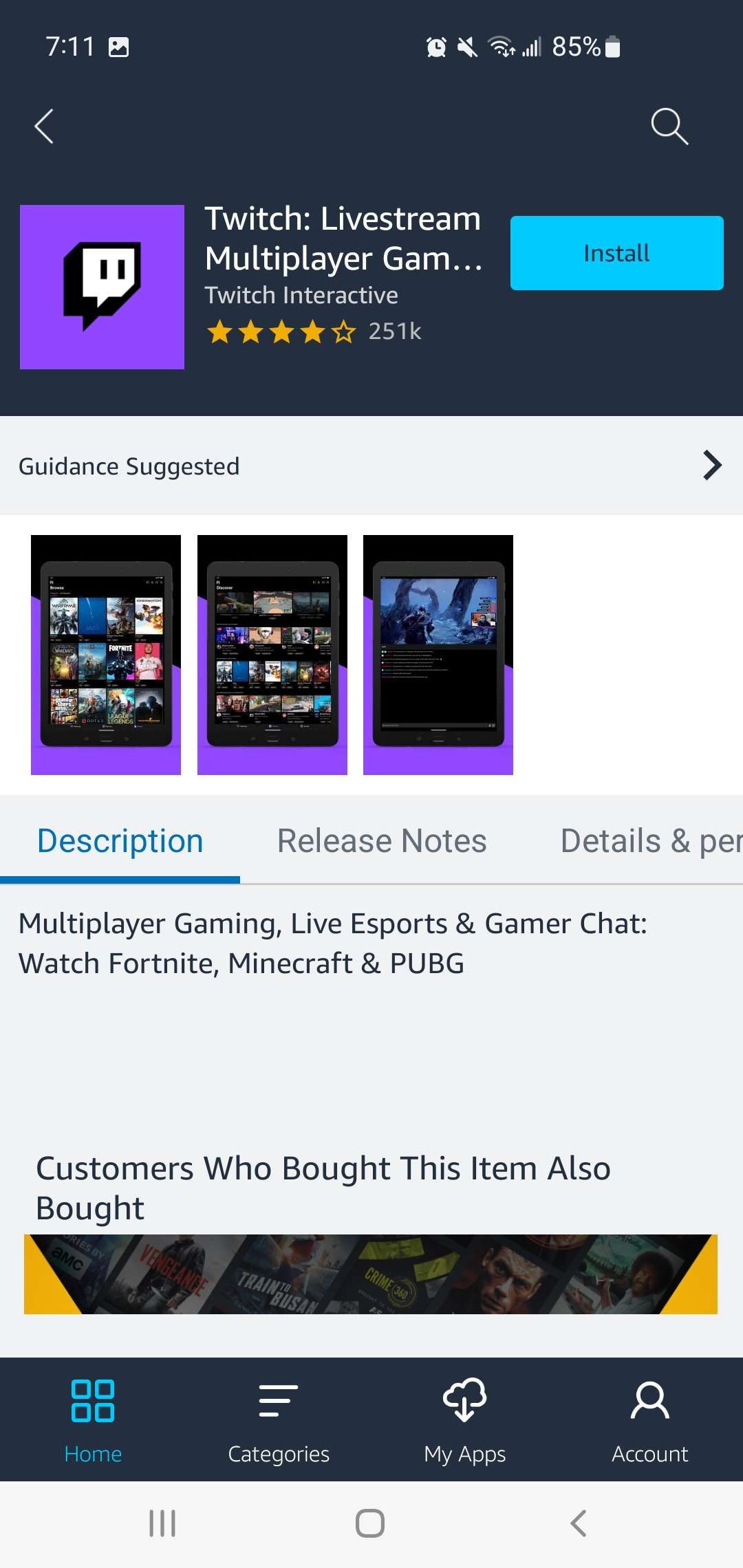 twitch app listing on amazon appstore with install button at the top