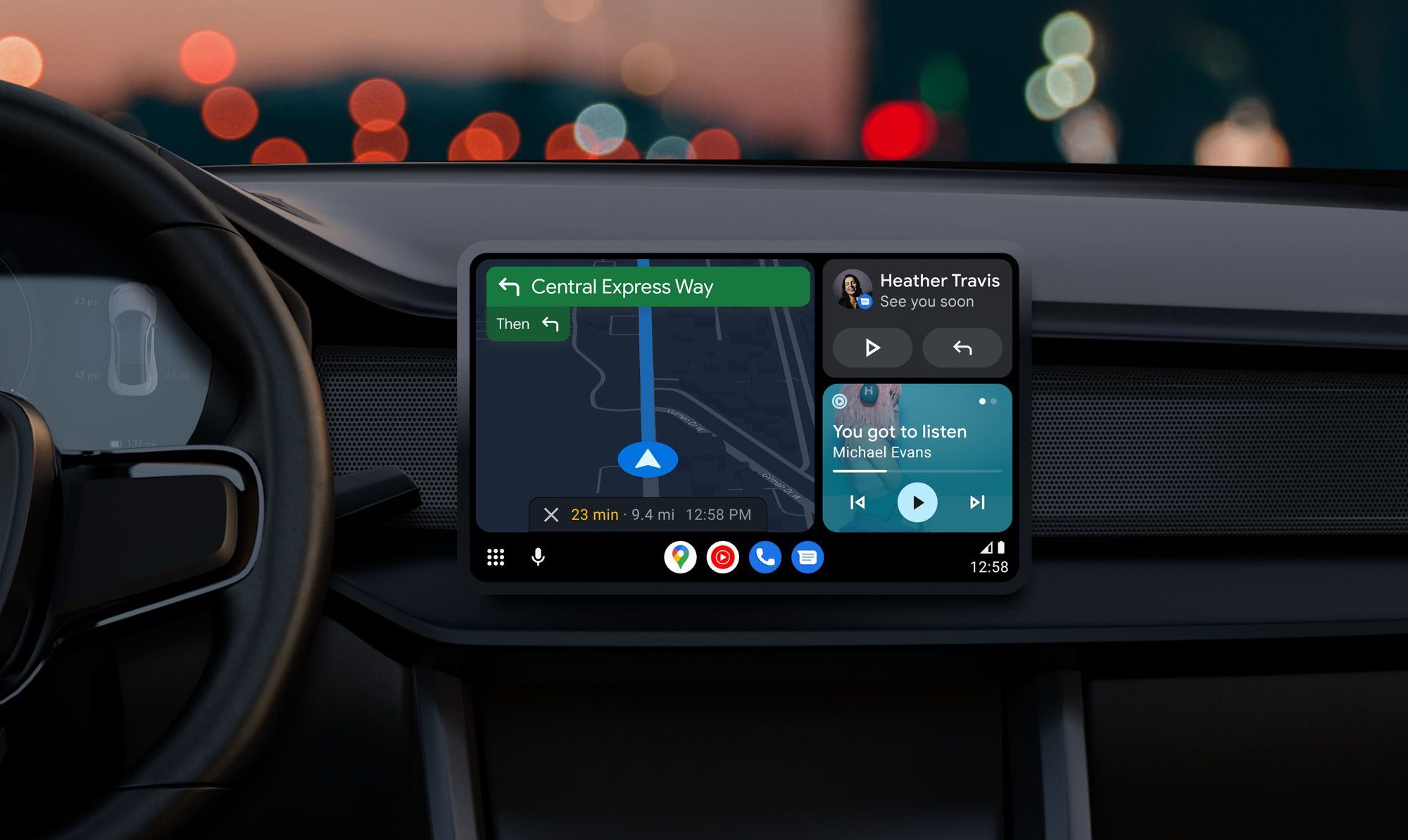 A vehicle's infotainment screen displays Android Auto's Google Maps