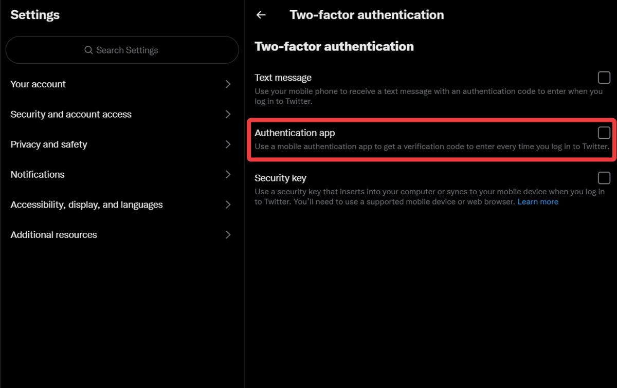 The Two-factor authentication settings highlighting the Authentication app option