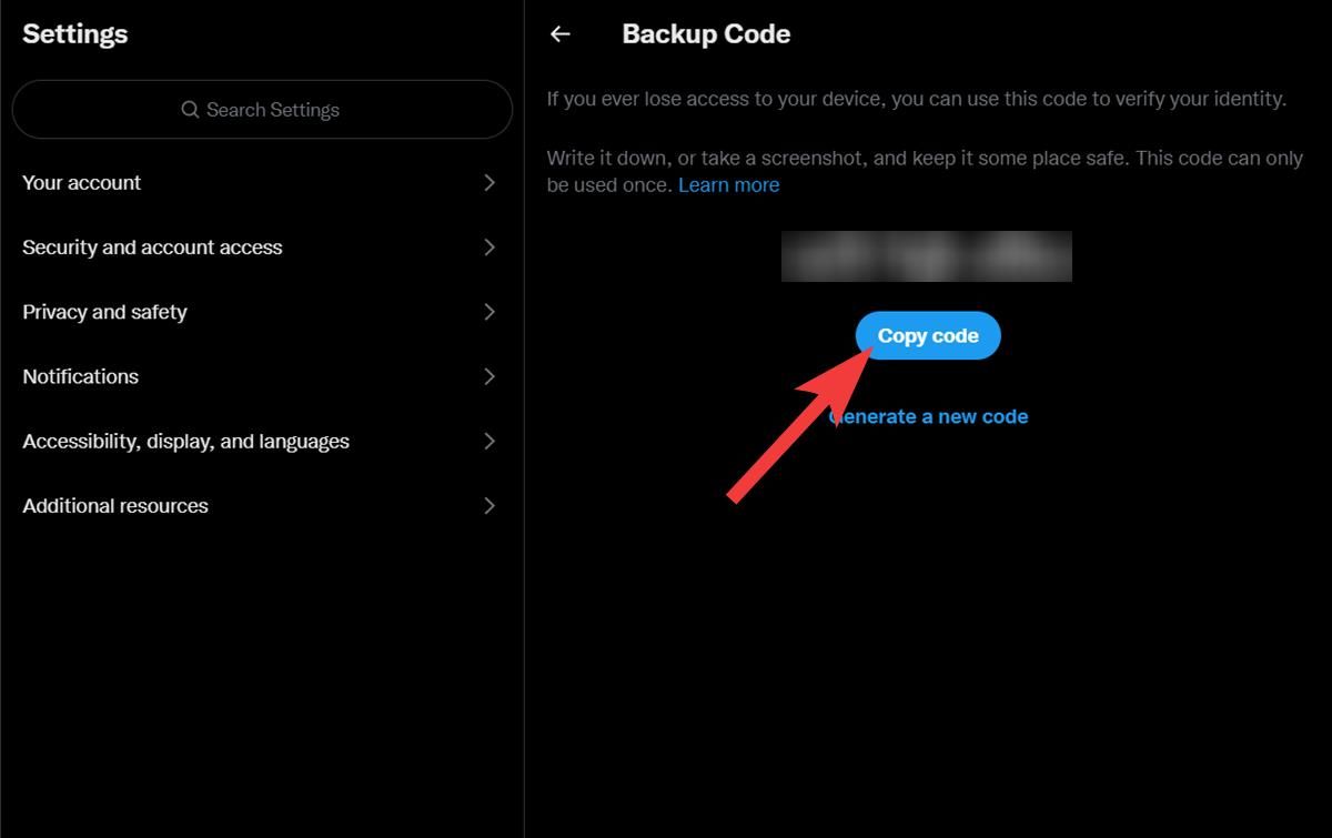 The Backup Code screen highlighting the Copy code option