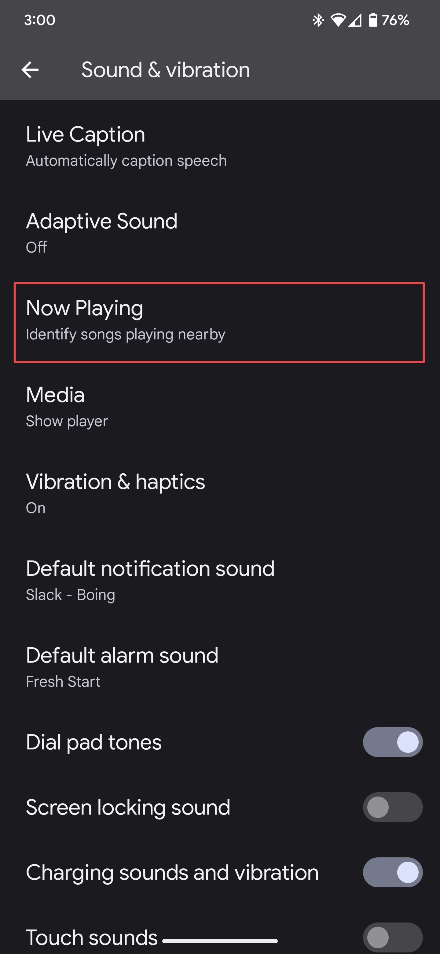 Pixel Sounds and Vibration settings page showing Now Playing option