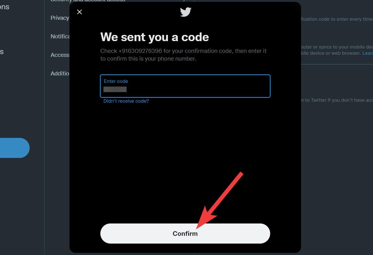 The We sent you a code page highlighting the Confirm option