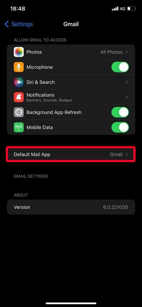 Gmail settings menu on iPhone