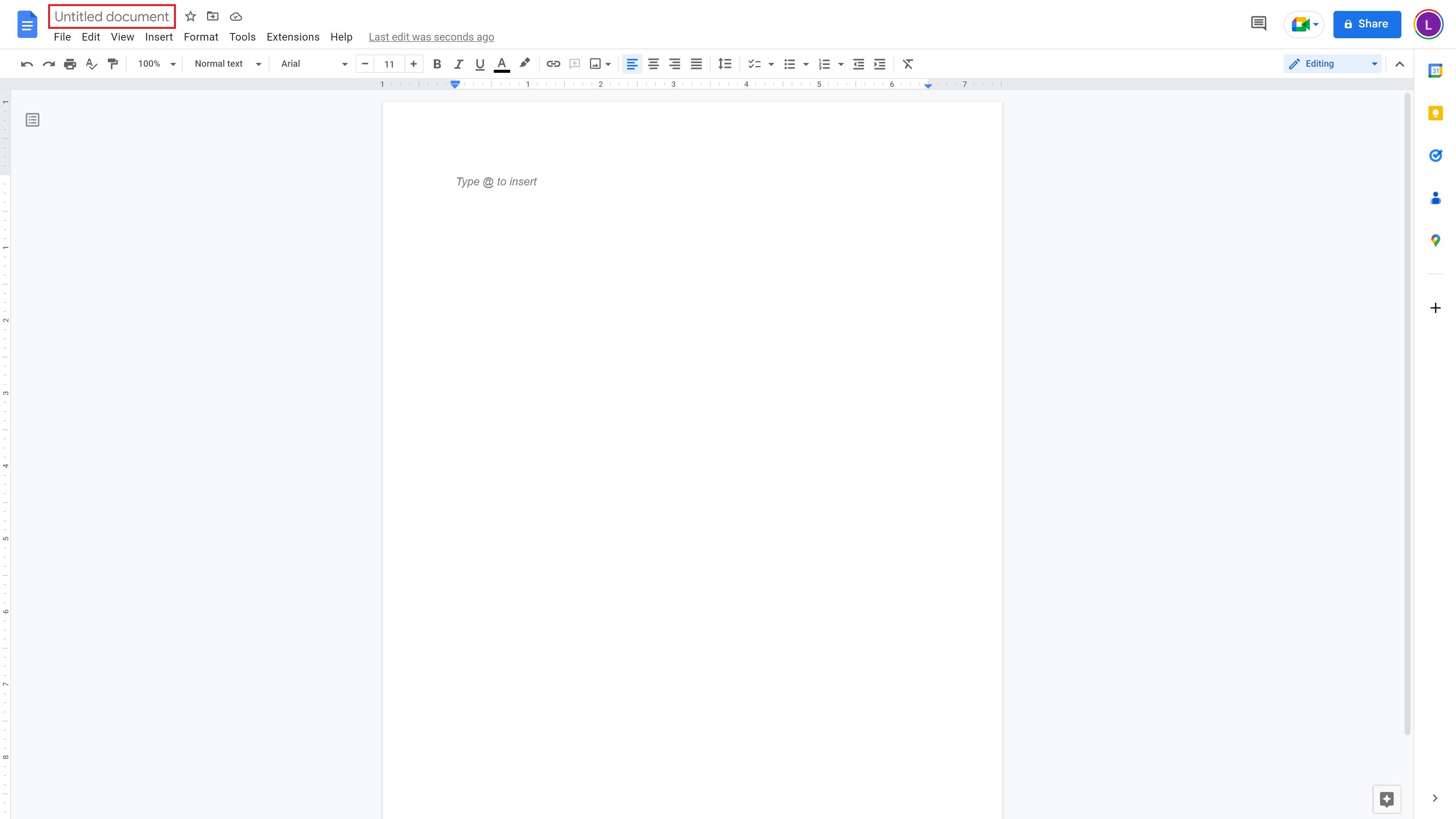 Cuplikan layar menunjukkan dokumen kosong di Google Docs.  Kotak merah mengelilingi tulisan 'Dokumen tanpa judul' di pojok kiri atas.
