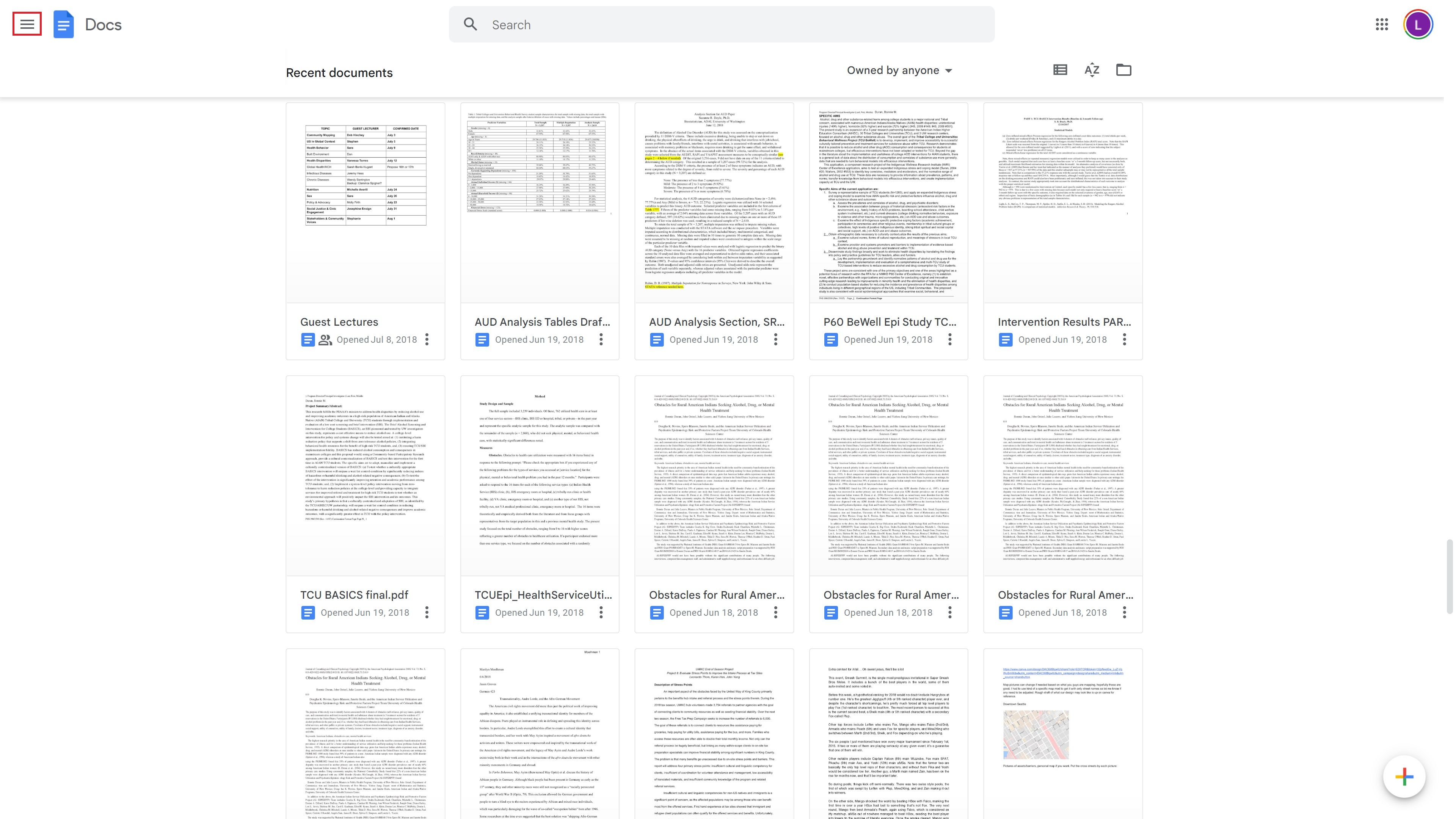 Cuplikan layar menunjukkan halaman utama Google Docs dengan banyak 'Dokumen terbaru' ditampilkan.  Kotak merah mengelilingi garis tiga di sudut kiri atas.