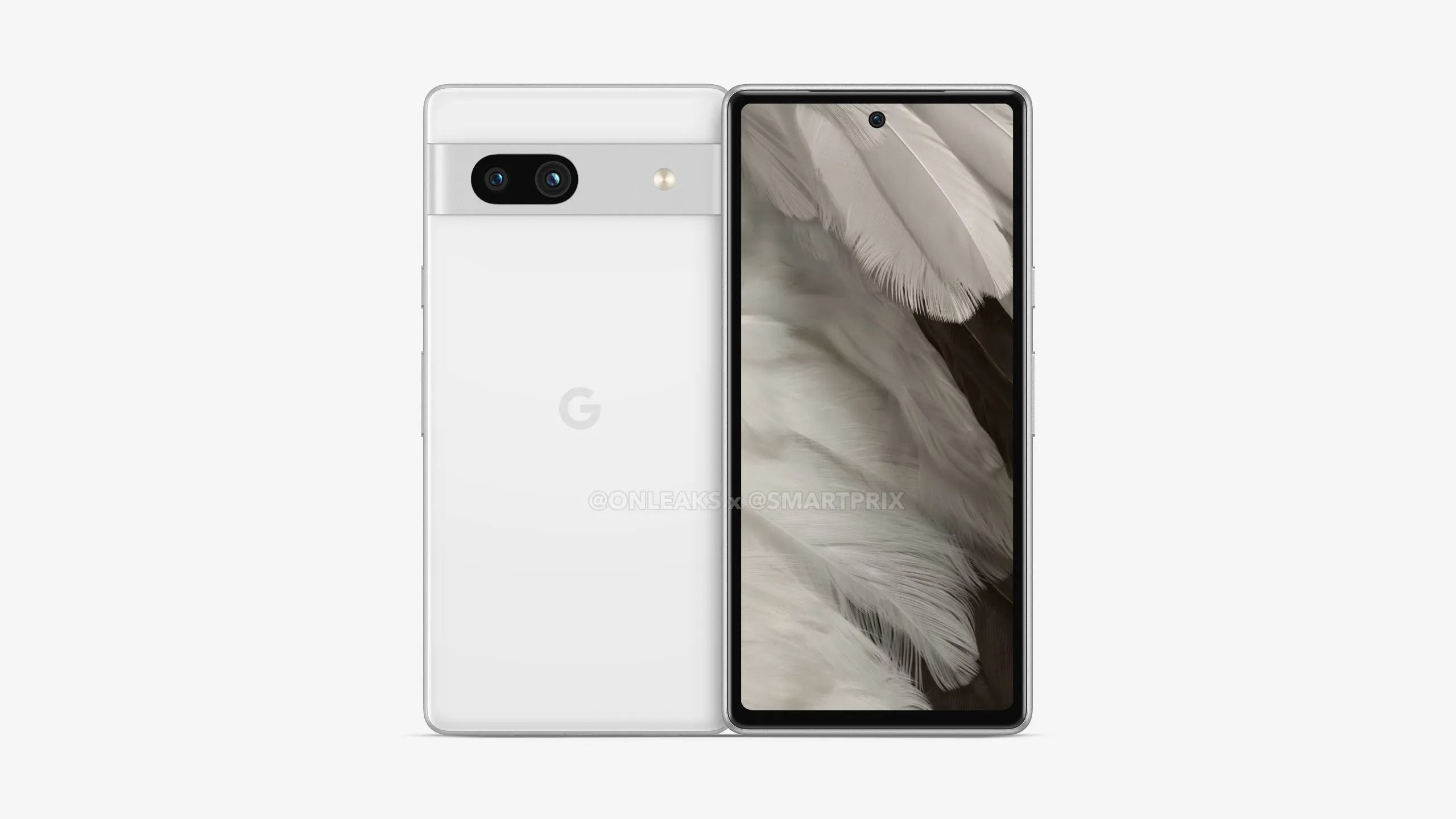  A reported render of the front and back of the Google Pixel 7a in white.