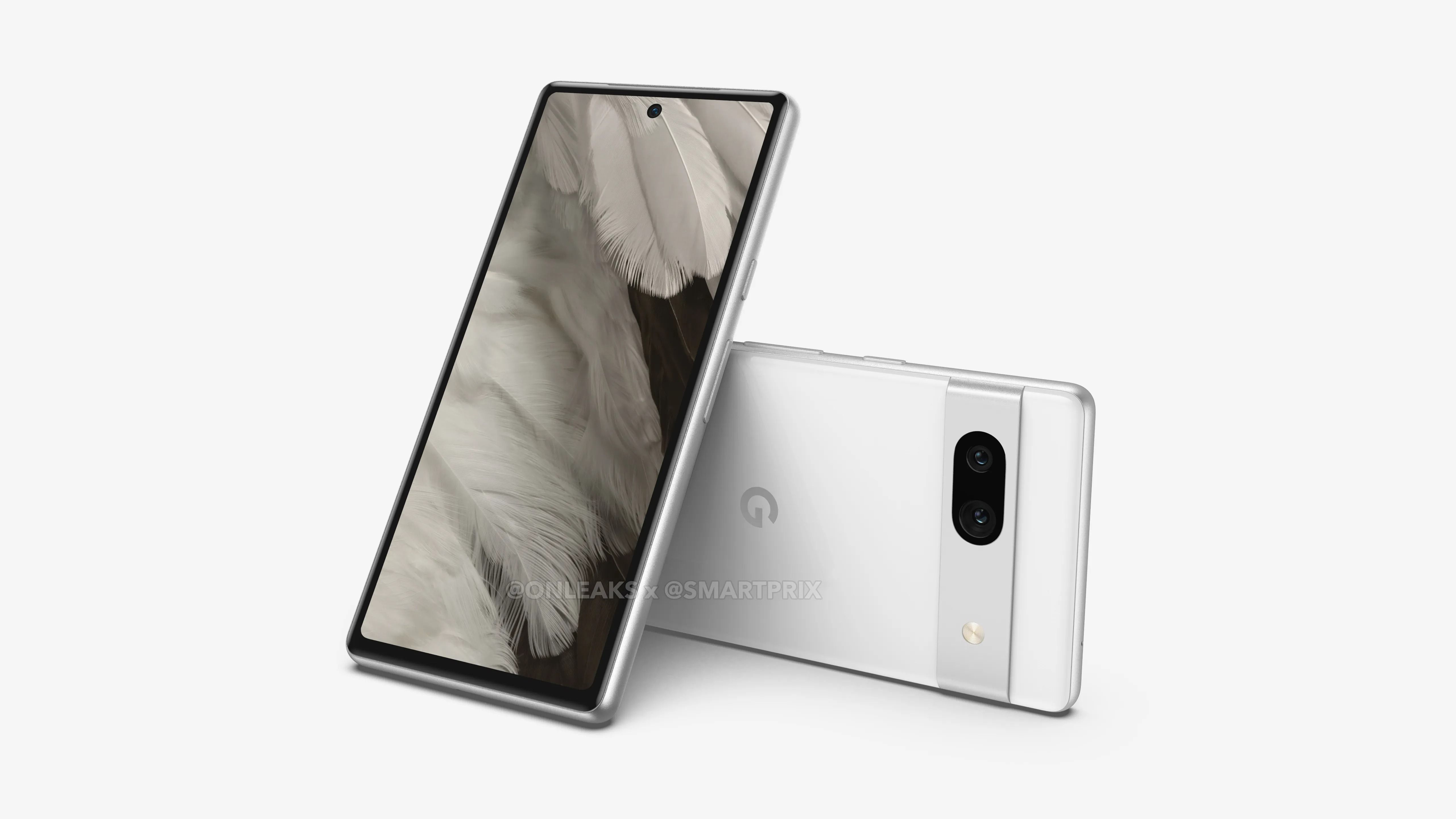 Render of the front and back of the Pixel 7a in white. The back of the phone is shown horizontally while the front is vertical.