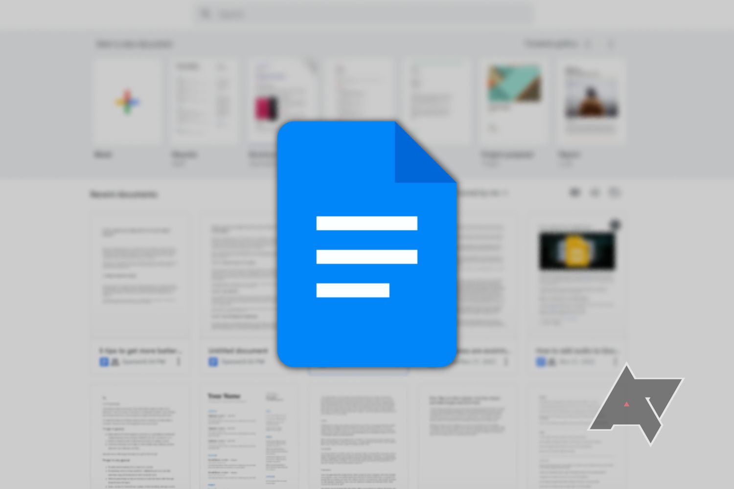 Image shows the Google Docs icon over a blurred screenshot of the Google Docs main page. Many previously made documents are displayed in the background.