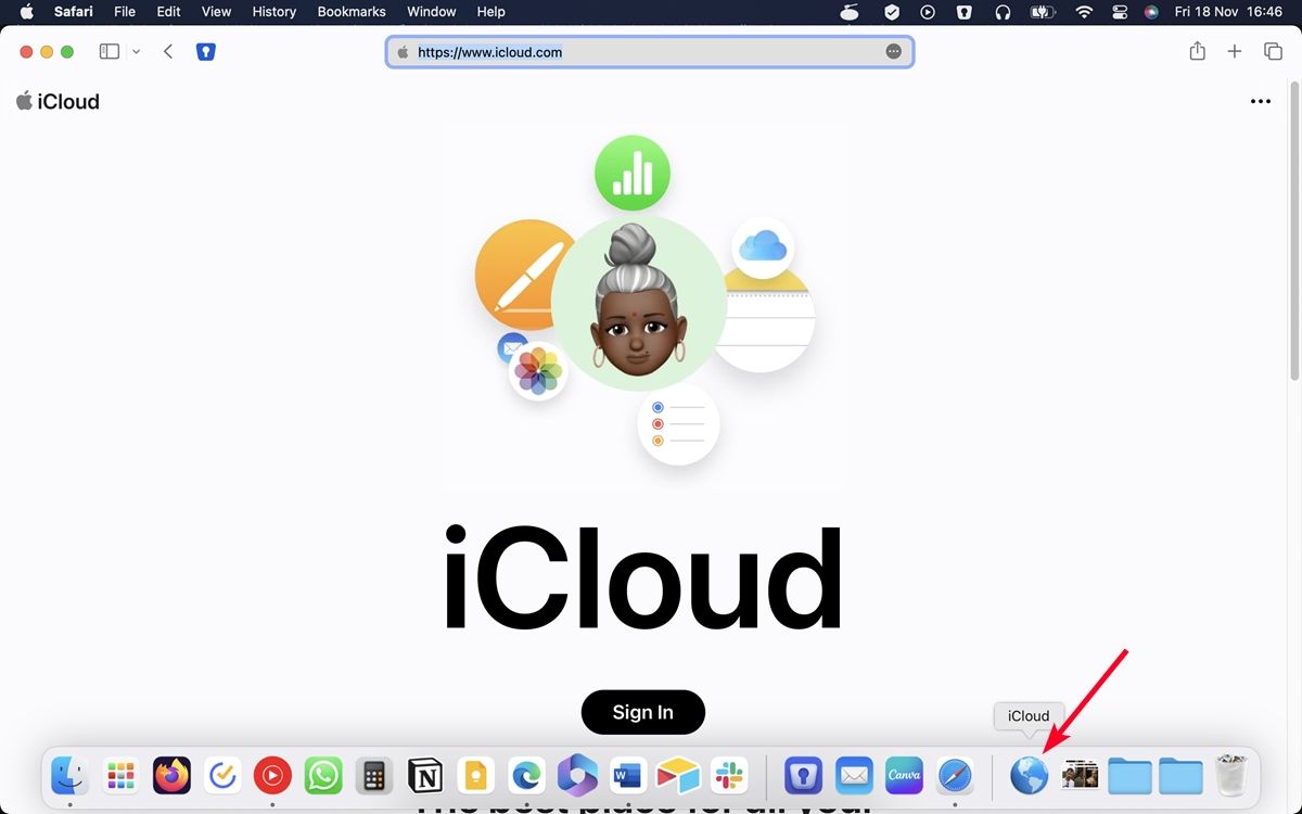 iCloud website pinned as a shortcut in MacBook dock