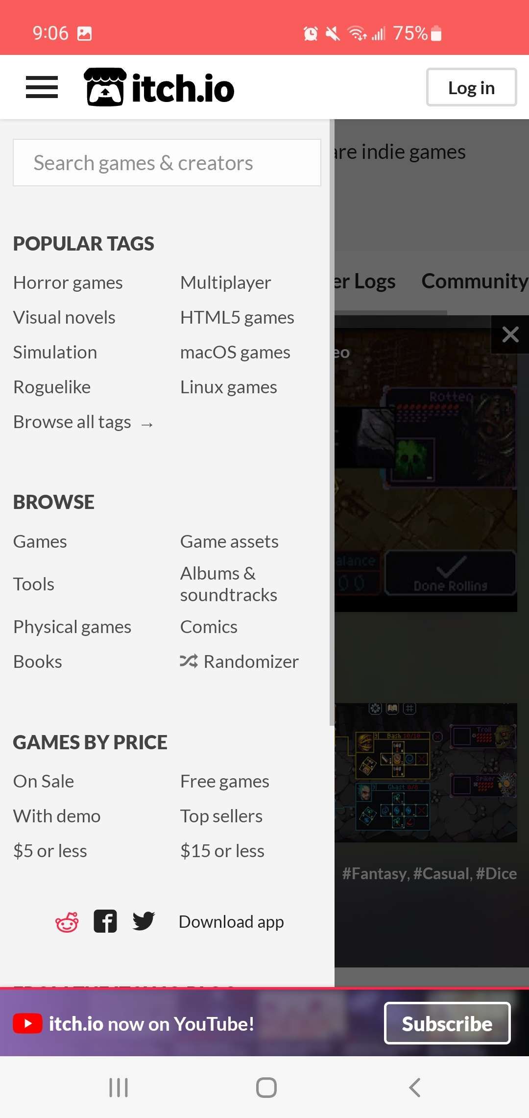 itch.io side bar showing three categories