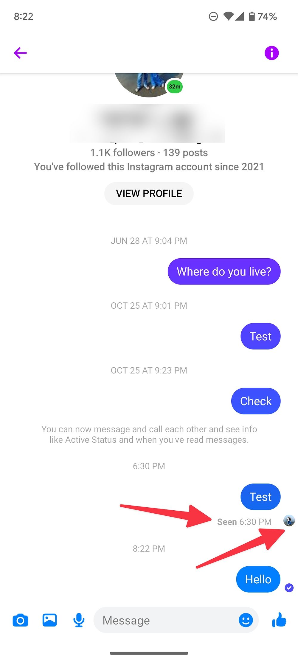 Screenshot showing when the message was seen on Messenger.
