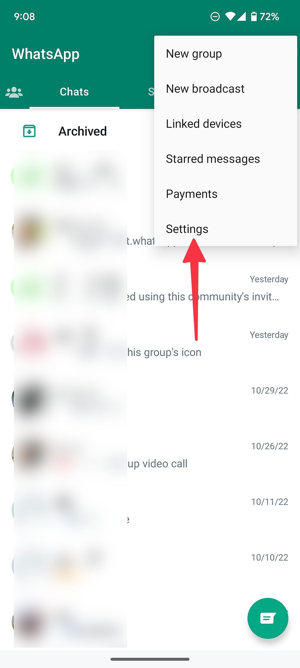Settings option highlighted with an arrow originating from the popup menu within the 'Open More Menu' in WhatsApp.