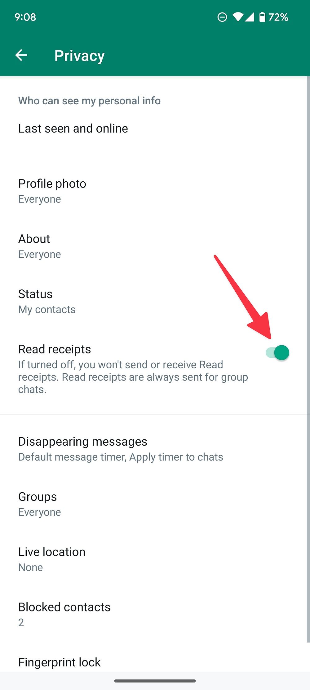 Screenshot showing option to enable read receipts in WhatsApp.
