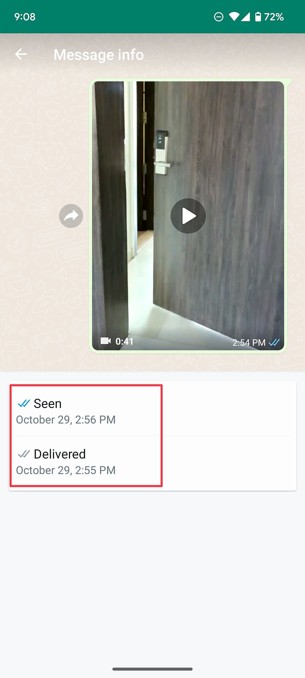 A notification box displaying the delivery and read timestamps of a message in WhatsApp.