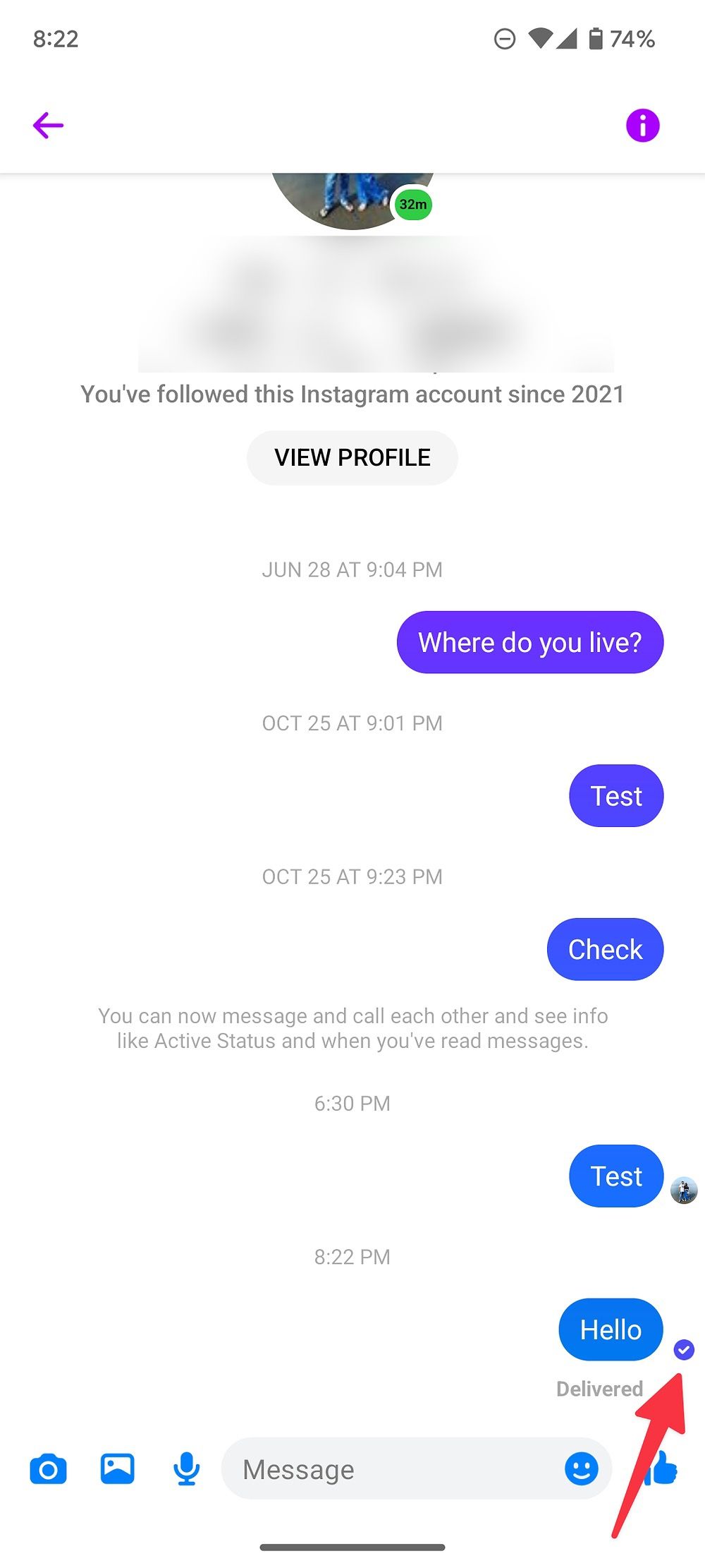 Screenshot showing message status in Messenger