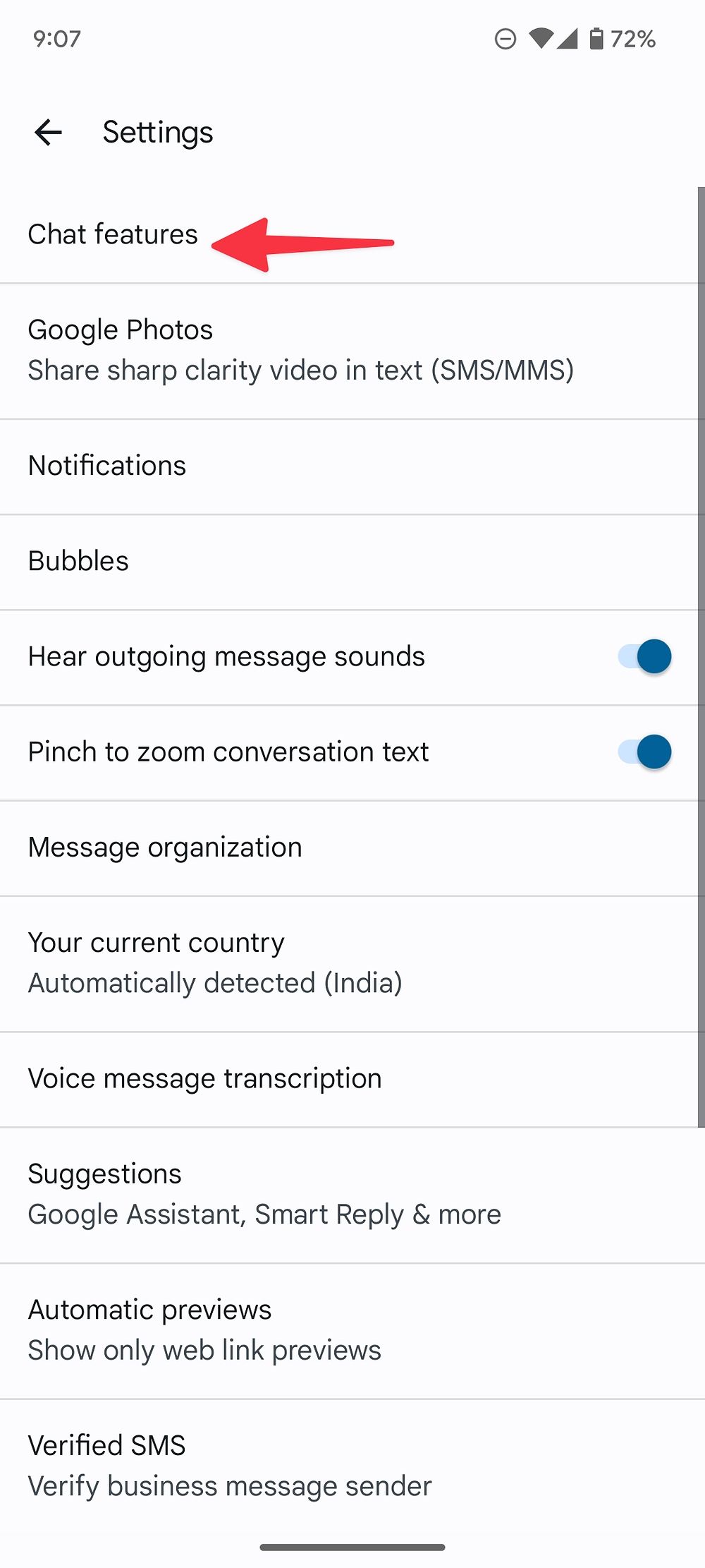 Screenshot of Google Messages settings, with an arrow highlighting the location of 'Chat Features.