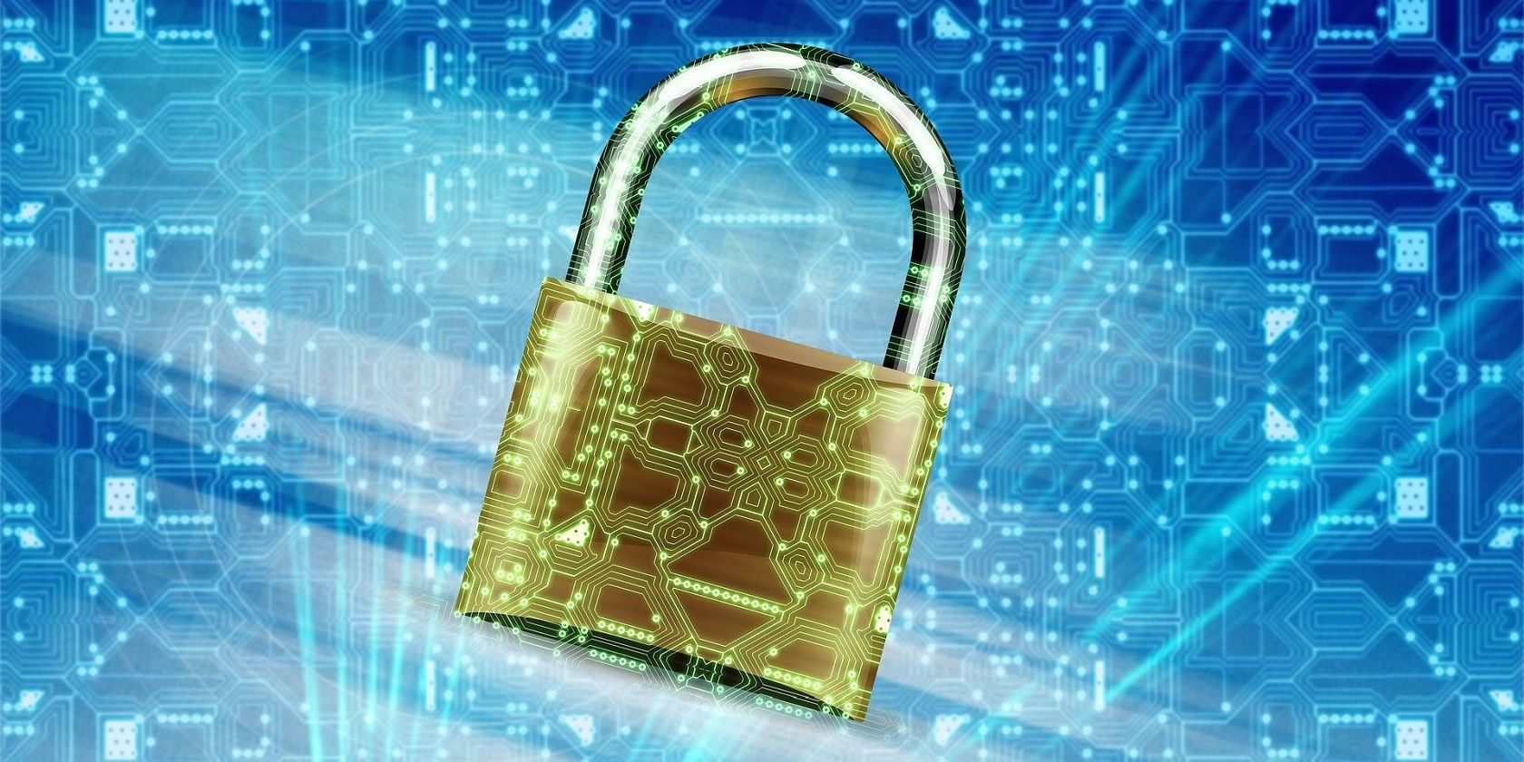 Image shows a gold lock over a blue background with electronic designs running through the entire image.