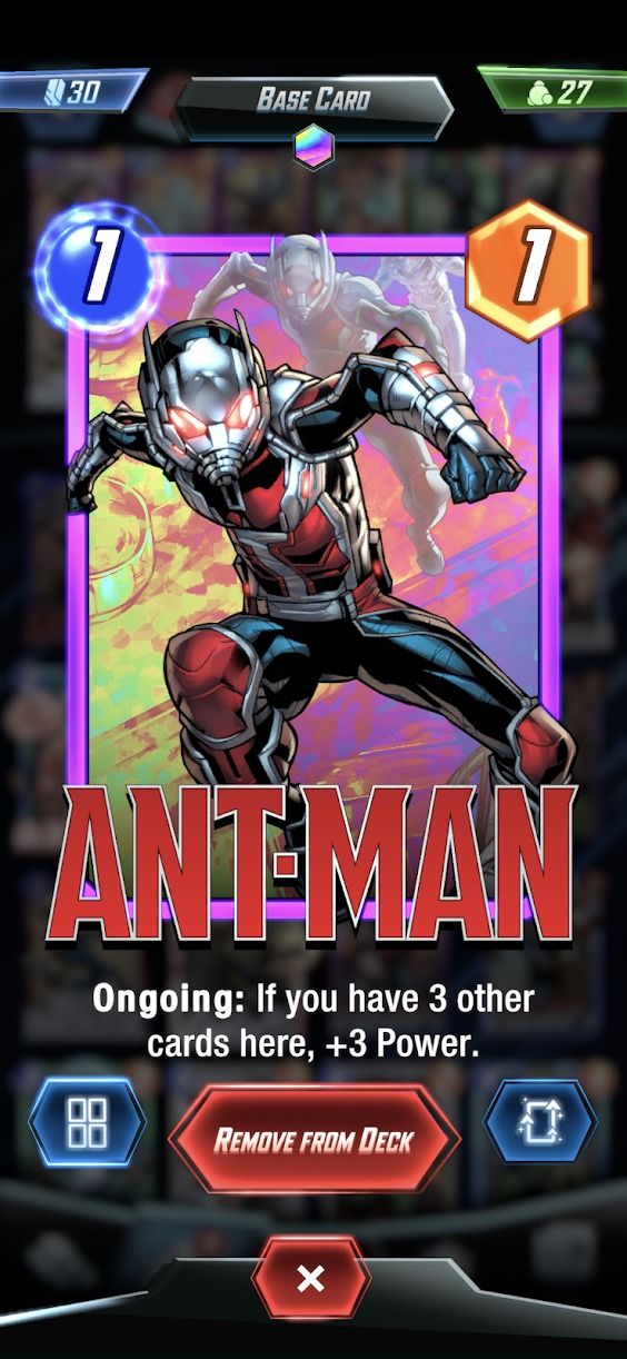 Снимок экрана Marvel, показывающий карточку Человека-муравья