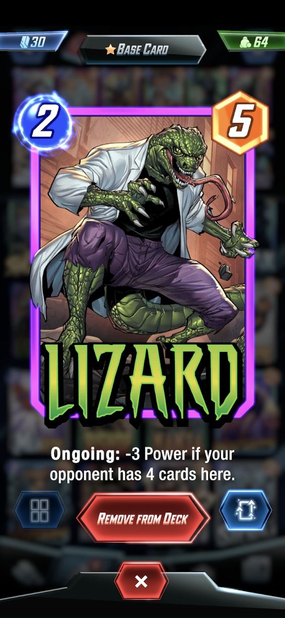 marvel snap screenshot showing lizard card