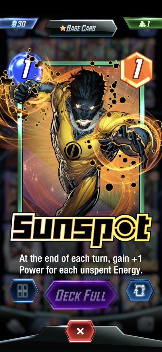 marvel snap screenshot showing yellow sunspot card